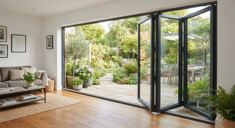 Bi-fold glass doors opening to patio