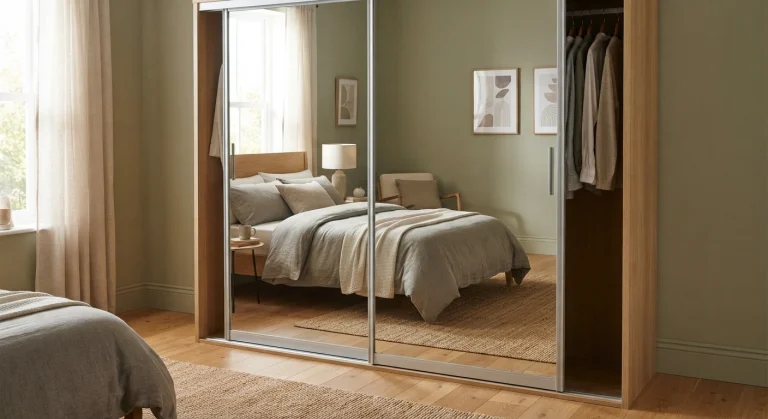 Mirrored wardrobe doors in bedroom